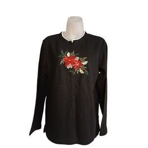 White Stag Christmas Sweatshirt Sz M Black Crewneck Poinsettia Festive